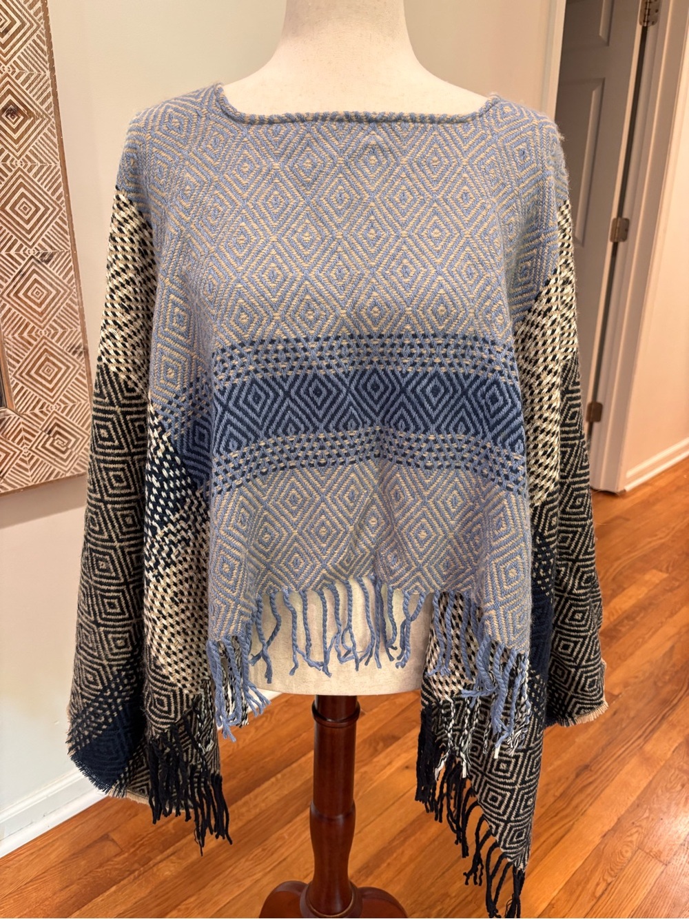 Charming Charlie Blue Black Geometric Fringe Knit Poncho Sweater OS